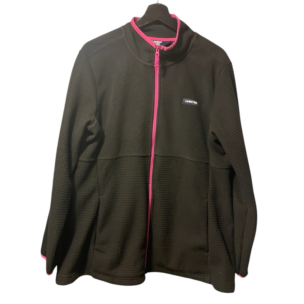 Lands' End Grid Fleece Zip Up Black/Pink Jacket Size XXL / 20